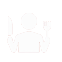 White icon of person holding a knife and fork