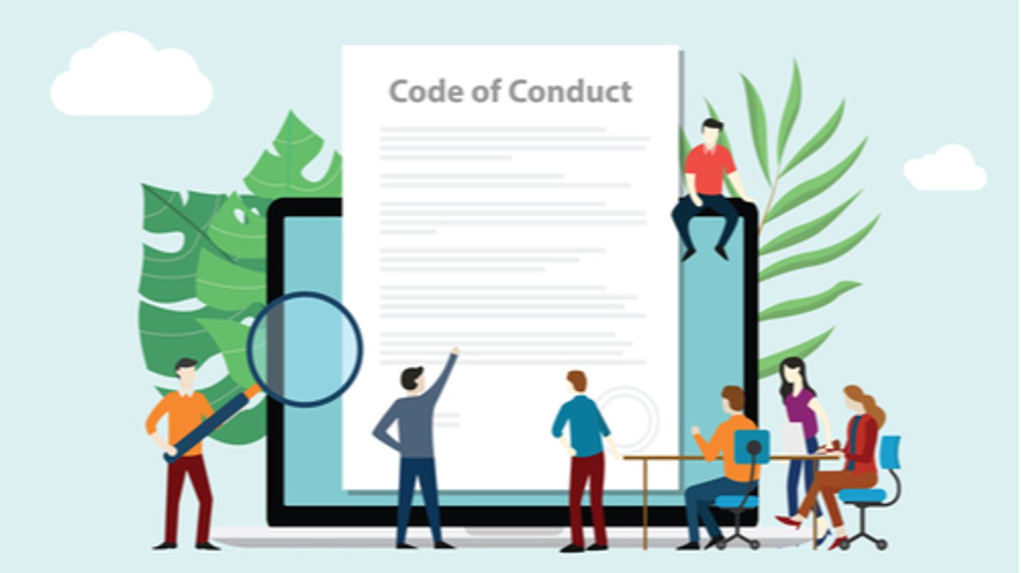 code of conduct team people work together on paper document on laptop screen - vector illustration