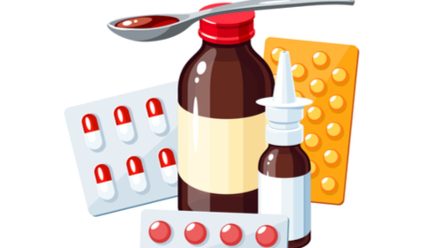 Medication for sore throat, flu, runny nose, influenza, cough: medicine syrup, nasal spray, pills, capsules, drugs. 