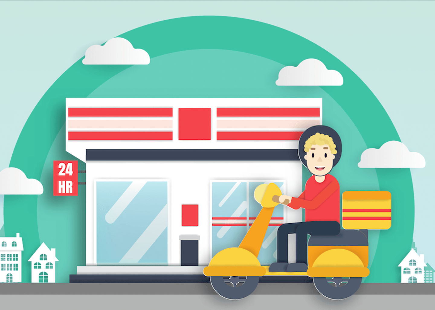 Delivery service at convenience store in paper cut style.