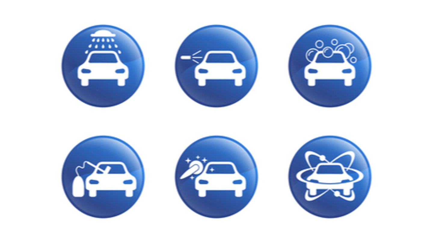 Car washing icon set - services and equipment of car wash - glossy icons of six auto washing options