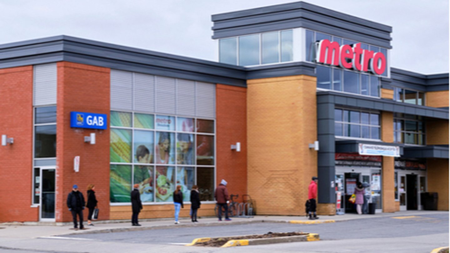 People lining up with 2m social distancing before entering a Metro Grocery store on Easter Saturday. Montreal, Canada. April, 11, 2020