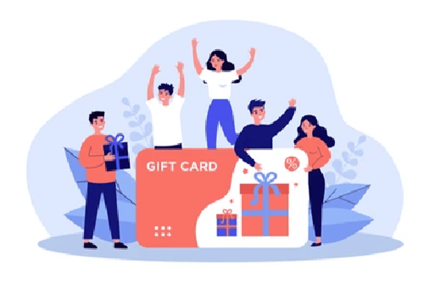 Customers getting gift card. Cheerful people happy about discount card, coupon or voucher. Vector illustration for sale, loyalty program, bonus, promotion concept