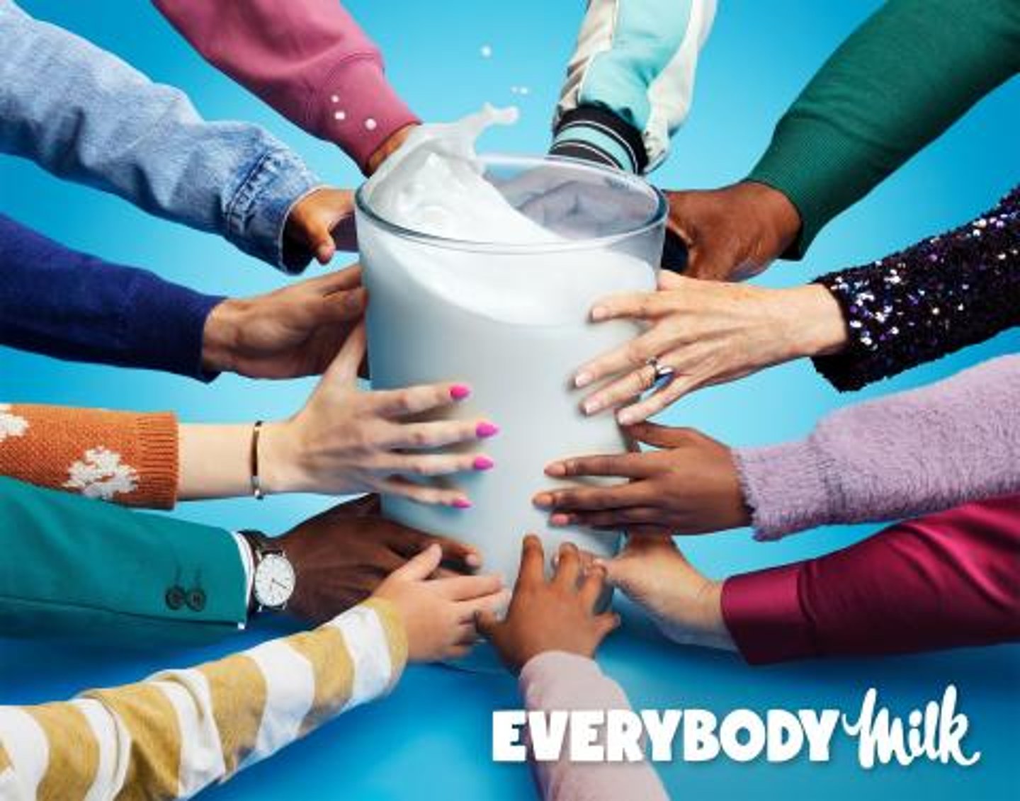 Dairy Famers Everybody Milk campaign with many hands reaching for milk
