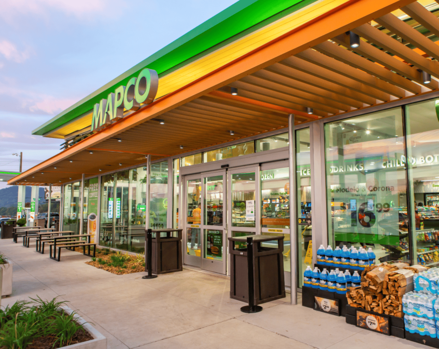 Exterior of MAPCO store with products outside the door