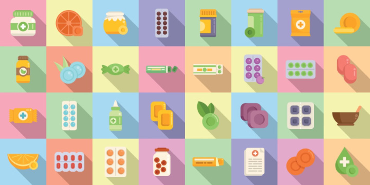 Cough drops icons set flat vector. Pill medicine. Drugs disease