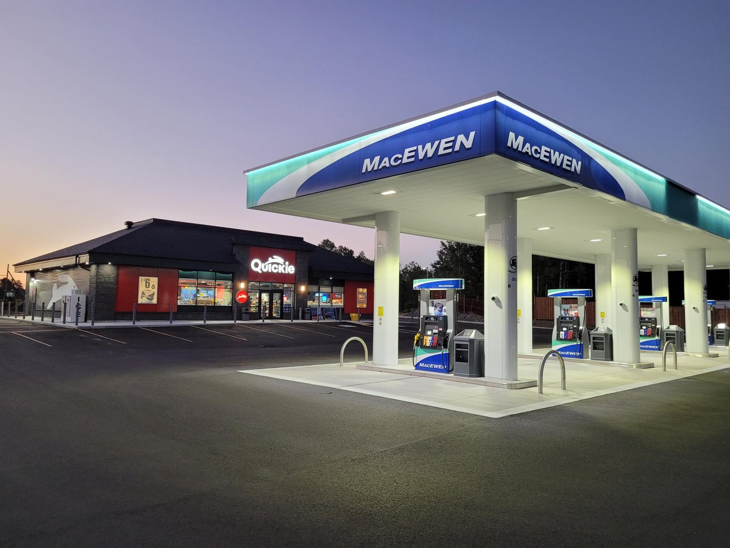 MacEwen gas station pumps at night