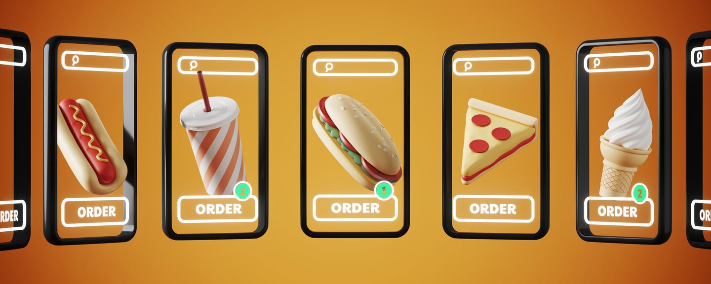 Multiple iphones displaying different fast food items with "order" written on each screen.