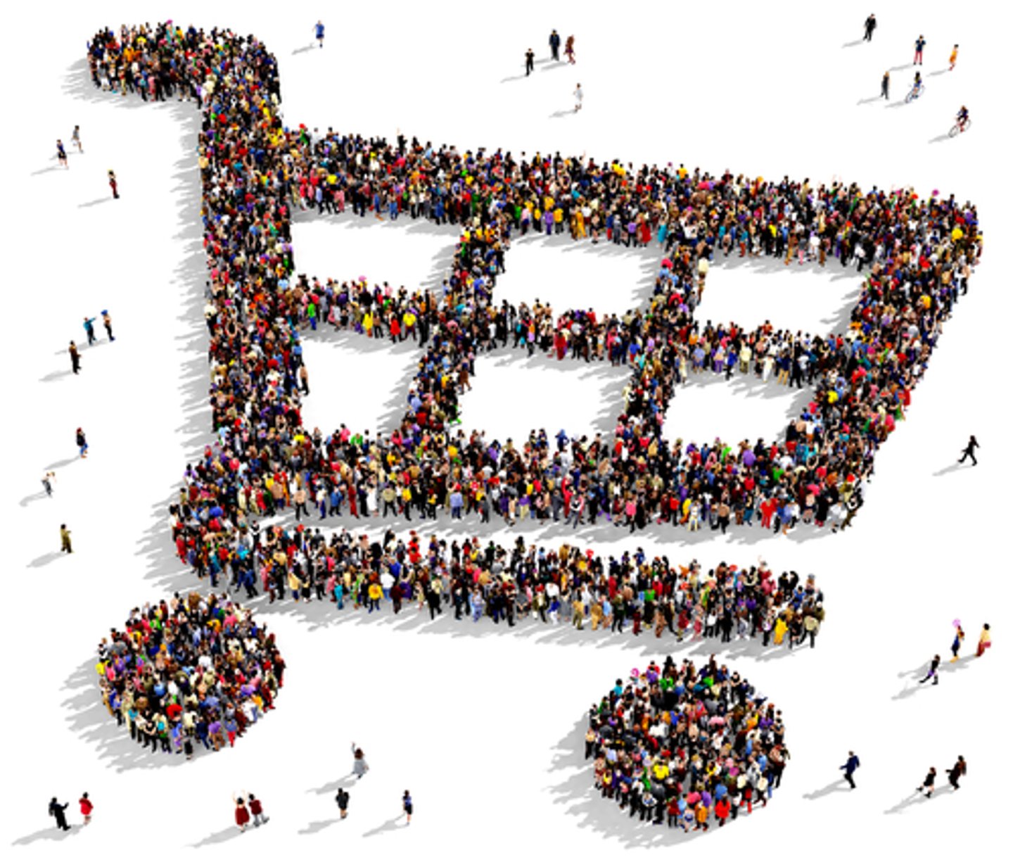 Large group of people seen from above gathered together in the shape of a shopping cart