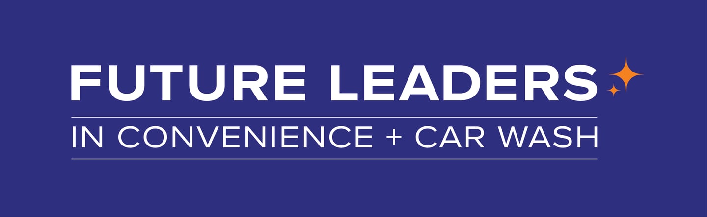 a blue banner for Future Leaders in Convenience and Car Wash