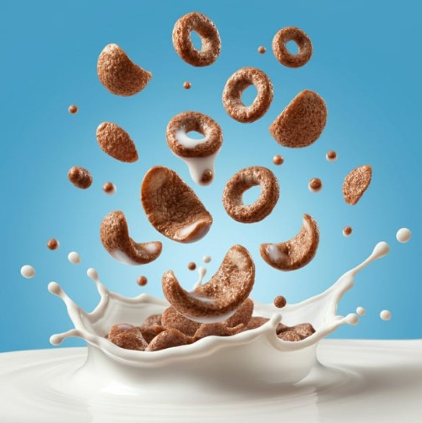 Cereal falling into bowl of milk