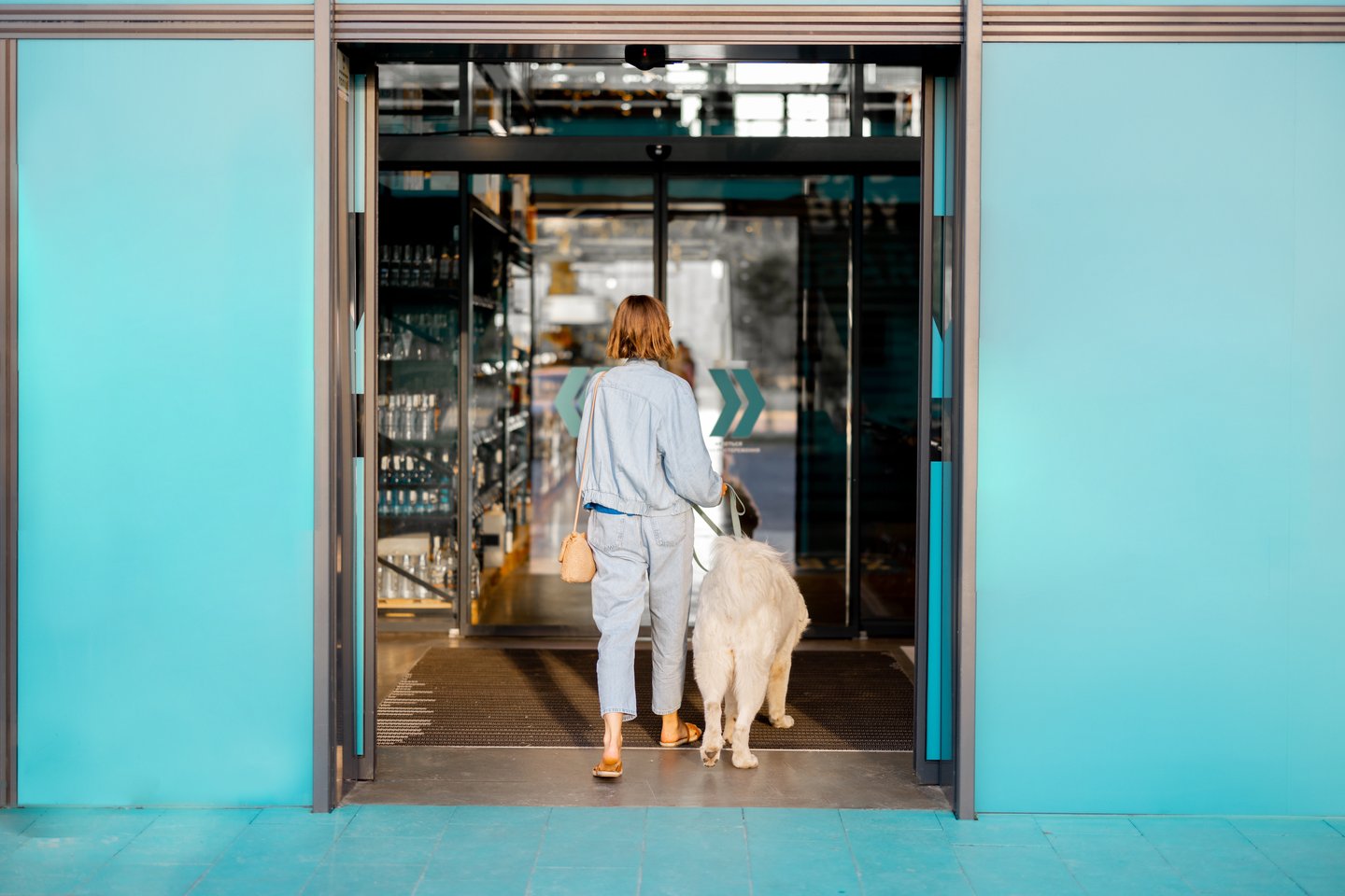 dog with woman walking into store