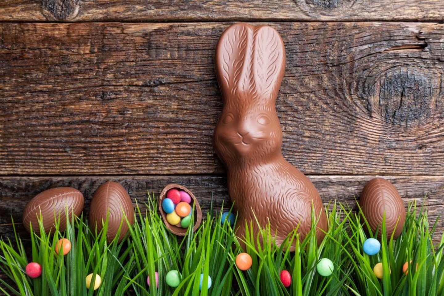Chocolate bunny and Easter Eggs stock image