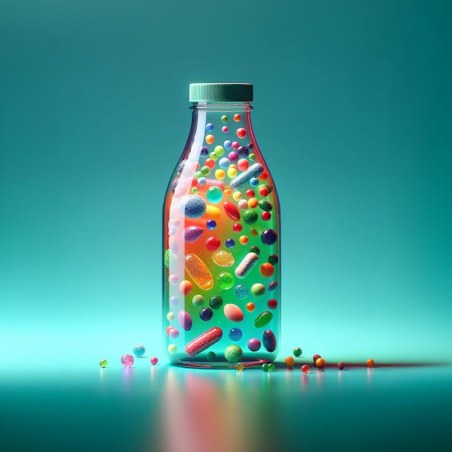 Pop bottle with vitamins on green background