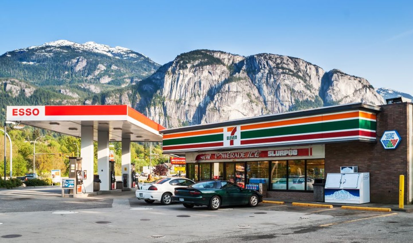 7-Eleven and Esso Fuel Station in Squamish BC stock image