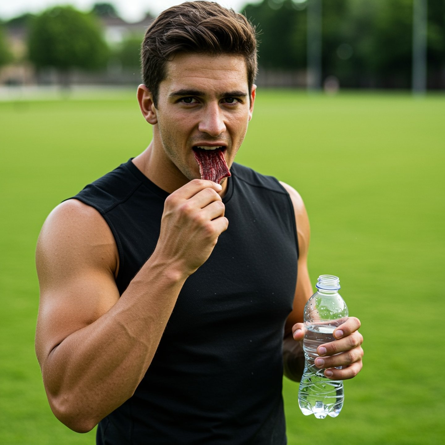man eating beef jerky and drinking water