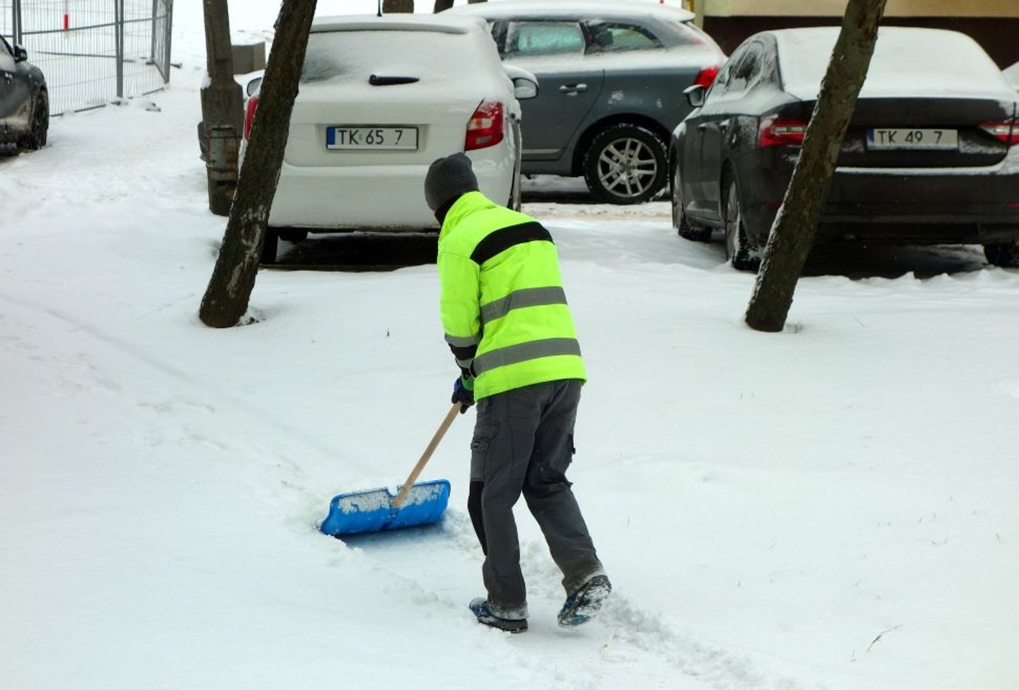 Employee shoveling snow stock image