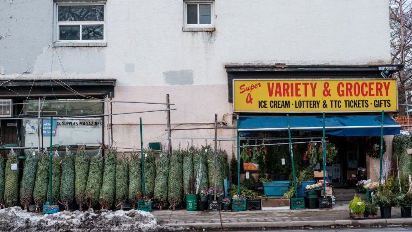 Convenience store in winter stock image