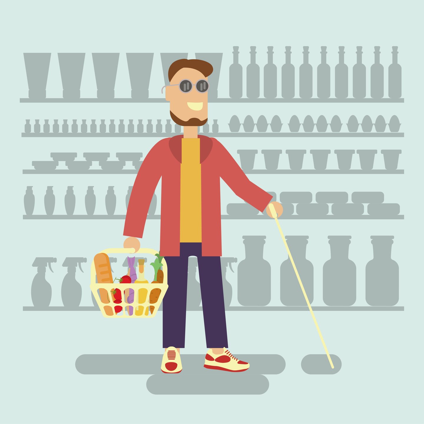 Cool guy with goatee who has impaired vision in a store