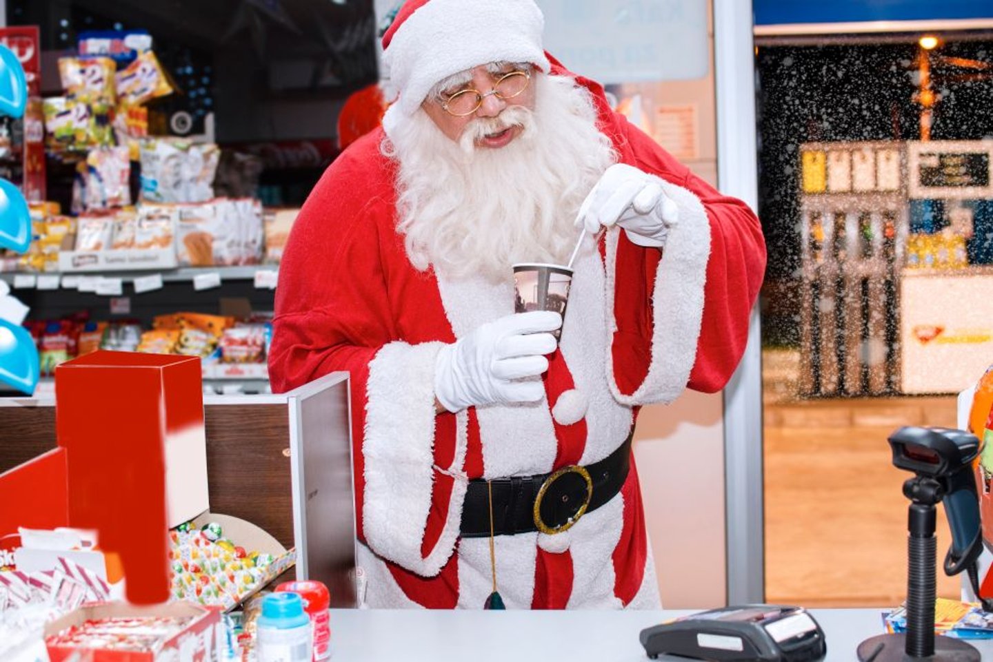 Santa at a convenience store stock image