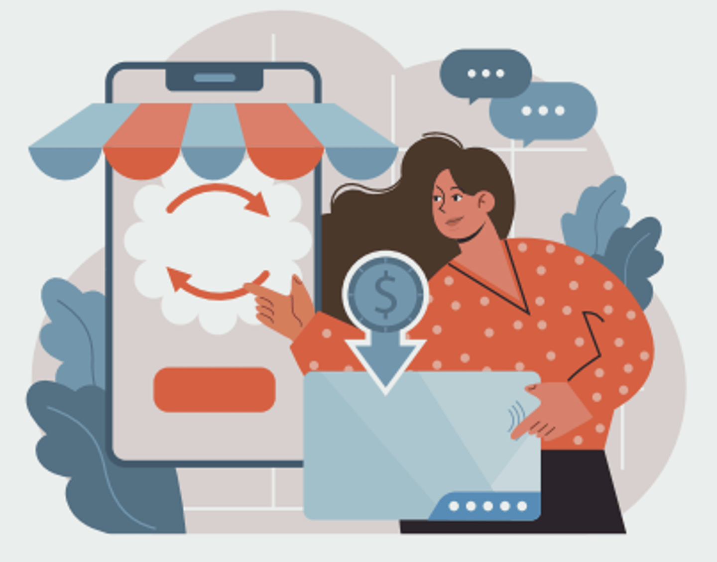 Illustration of a person looking at a phone with a loyalty card and the phone connotes a retail store