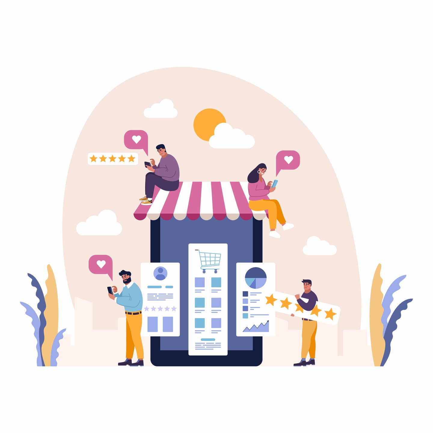 Excellent user experience customer satisfaction concept with people enjoy mobile shopping and share five star reviews. Positive experience marketing illustration with happy clients giving feedback from Shutterstock