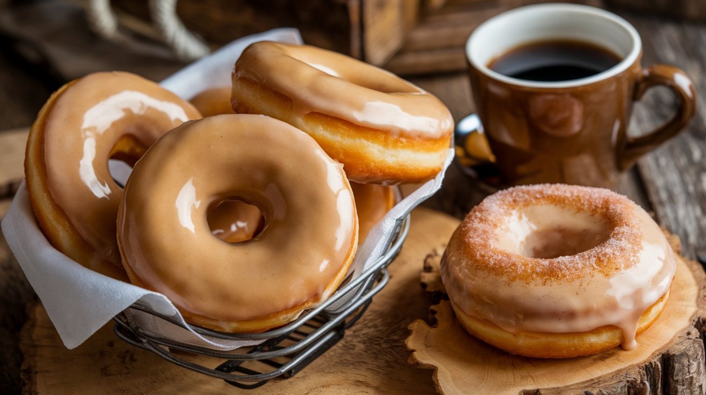 maple glazed donuts with coffee on the side