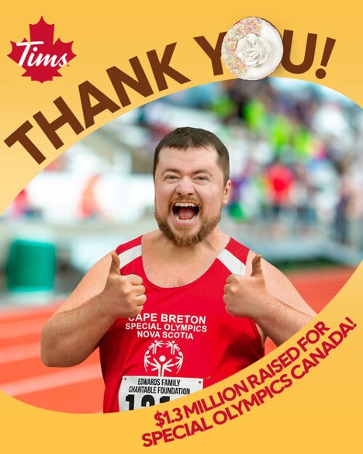 Poster for Special Olympics and Tims with happy runner giving thumbs up