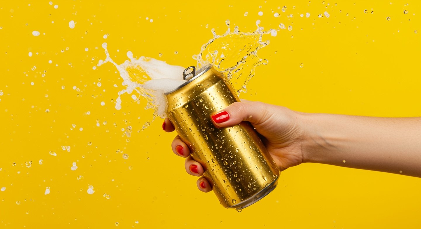 A woman's can with an open, foaming can in it