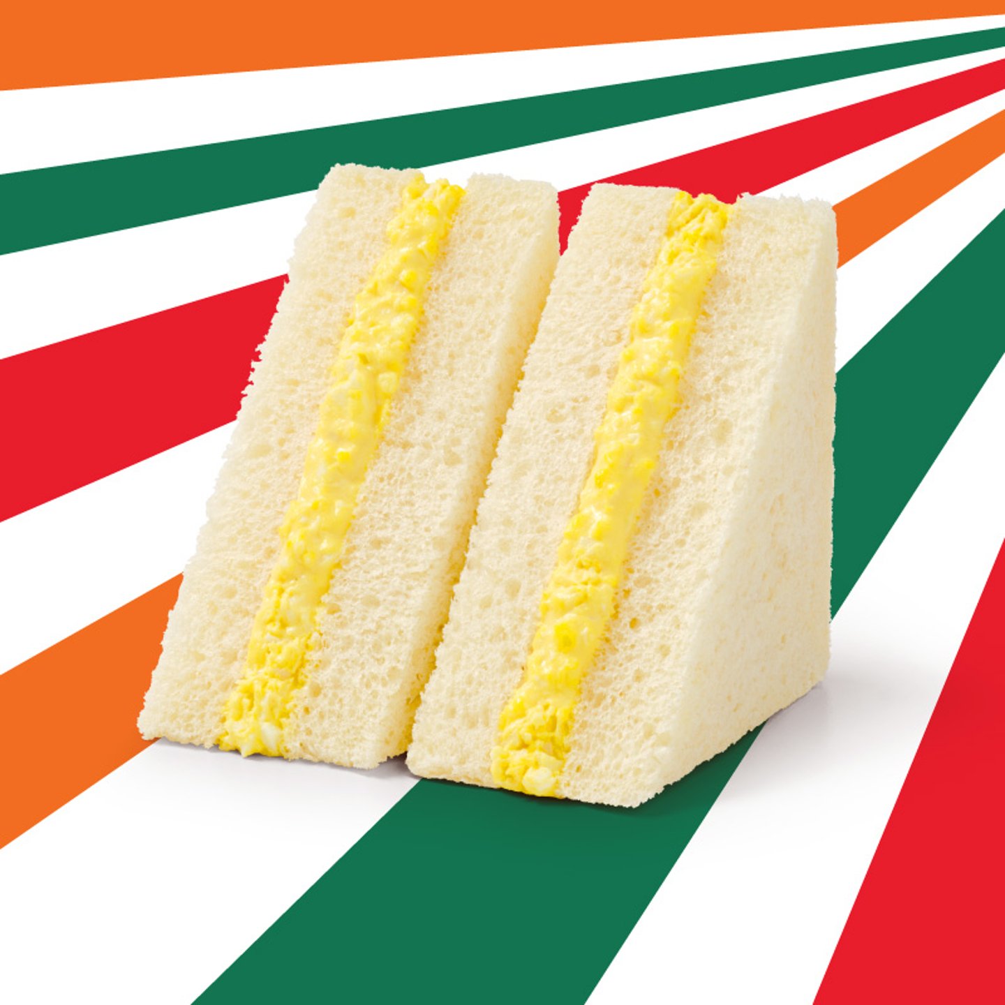 Japanese egg salad sandwich on 7-Eleven striped background
