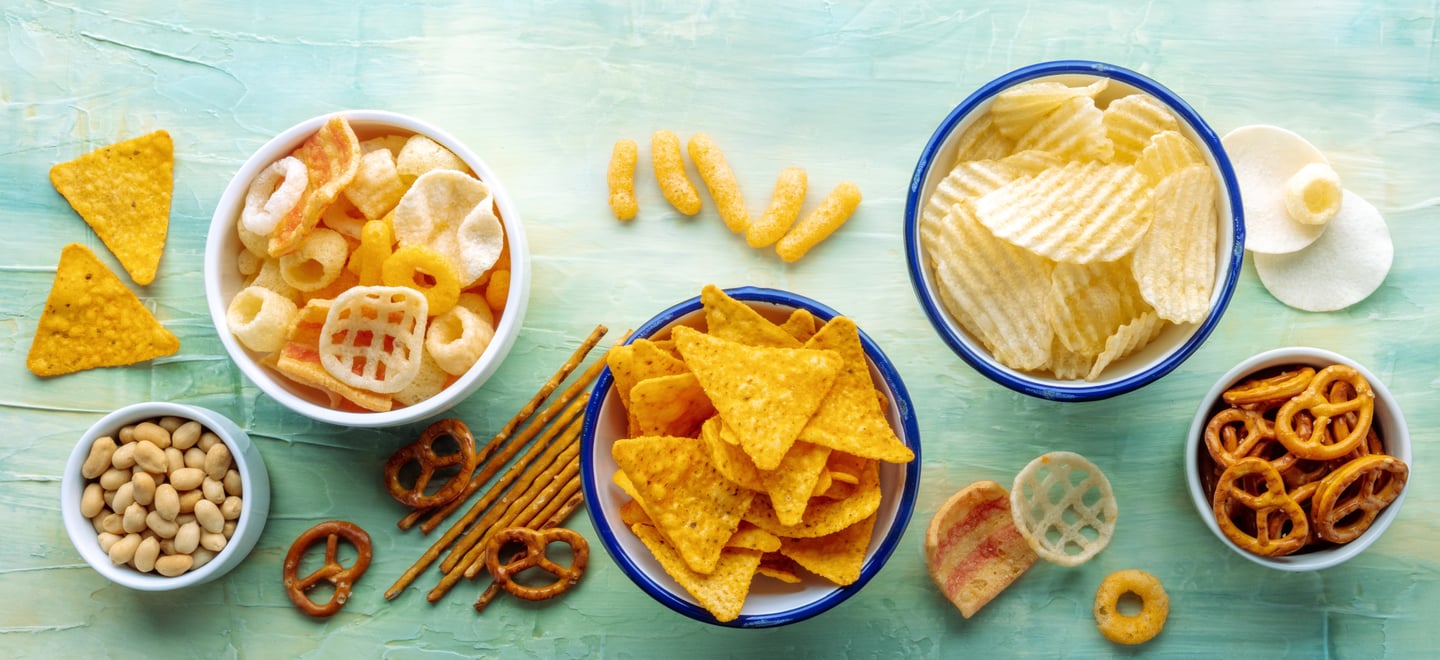 display of salty snacks, chips etc.