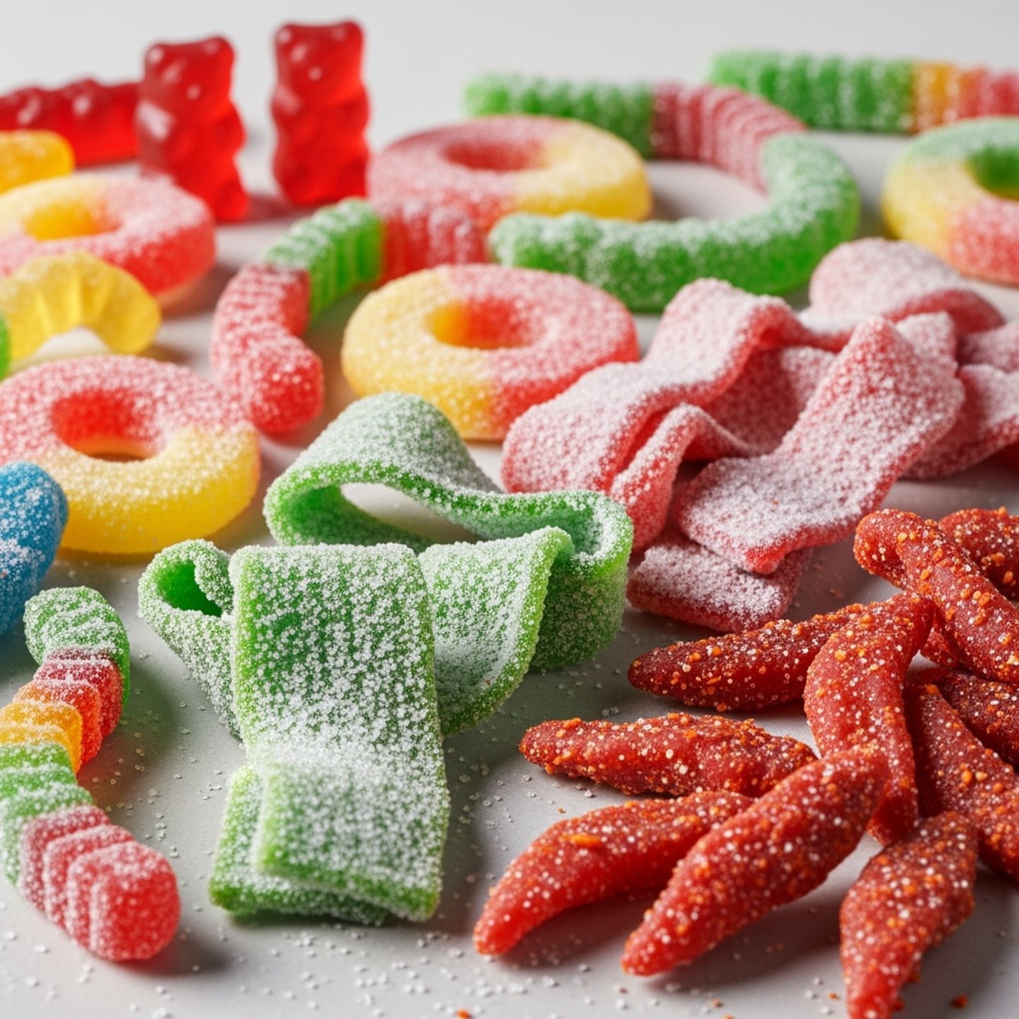 An assortment of sweet gummy candies with gummy bears, peach rings and spicy gummies.