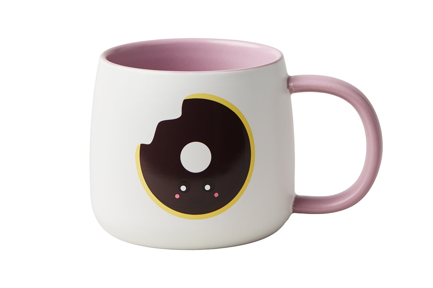 Tim Horton's pink and white mug with a doughnut on it.