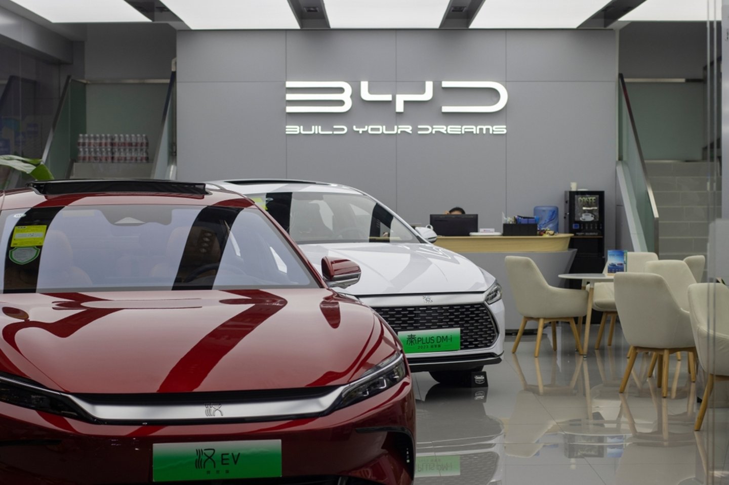 Two Chinese EV cars in the BYD showroom