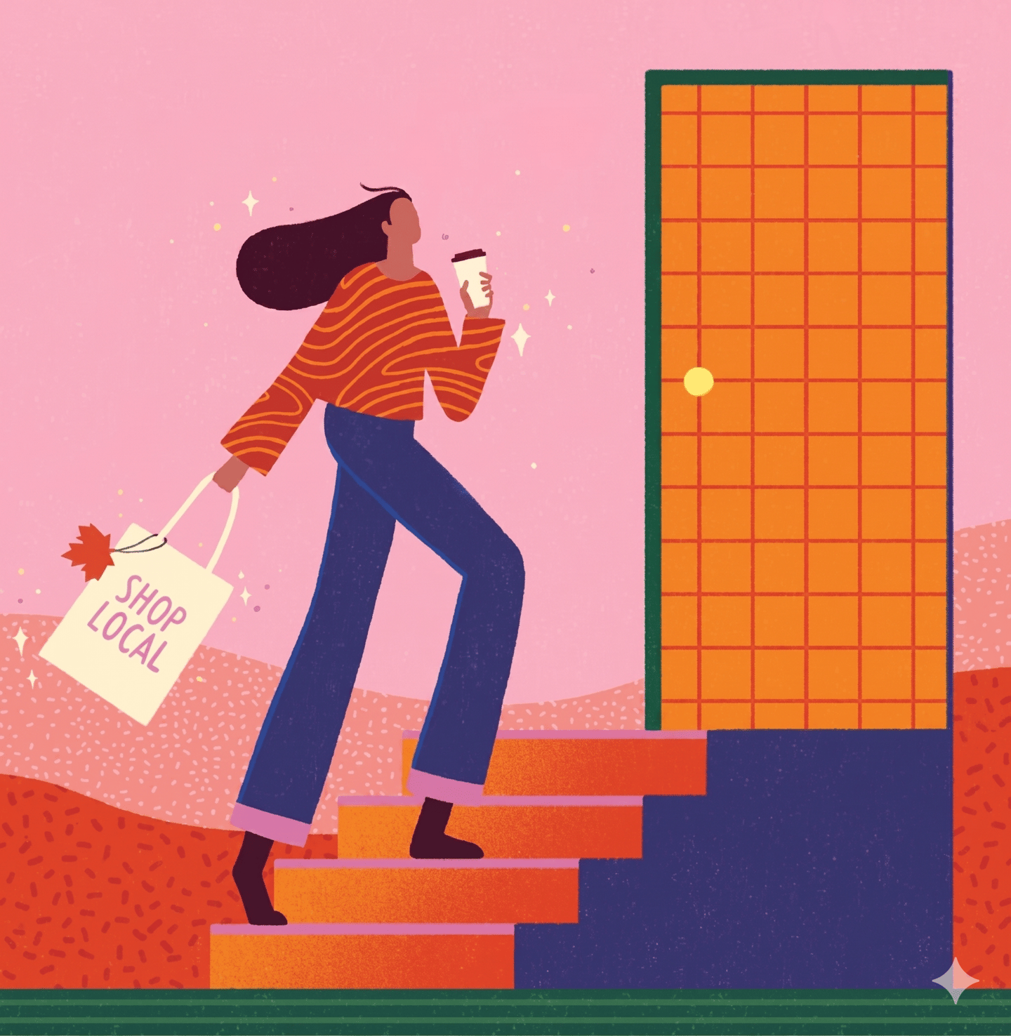 Woman carrying Shop Local bag on colourful background