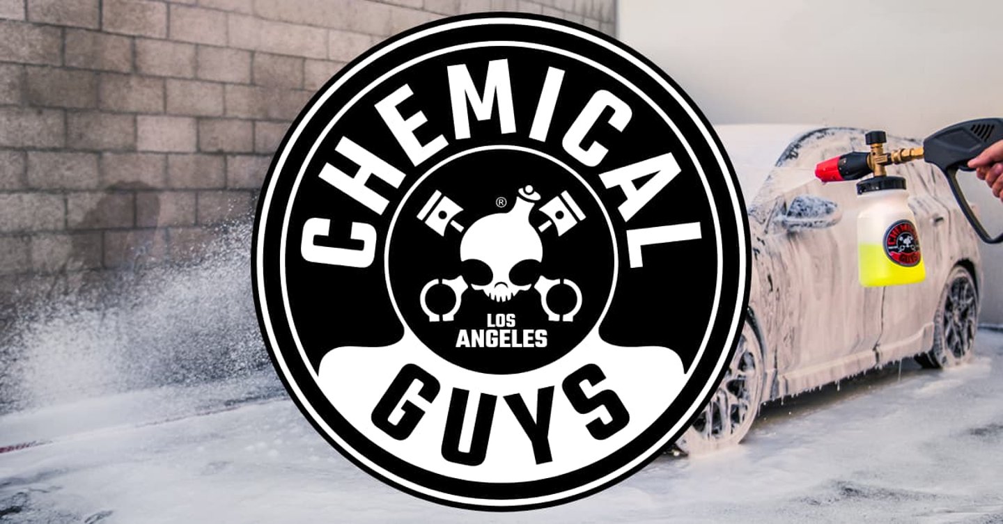 Chemical Guys logo with a car being washed in the background