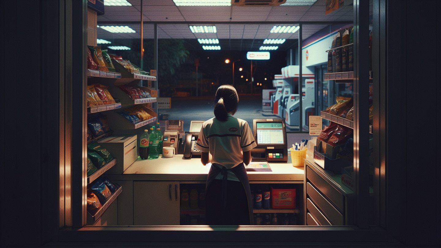 Clerk at a gas station convenience store cash register at night.