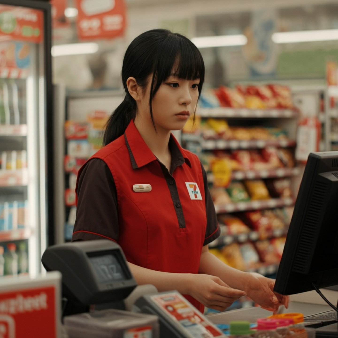 7-Eleven clerk working at cash register