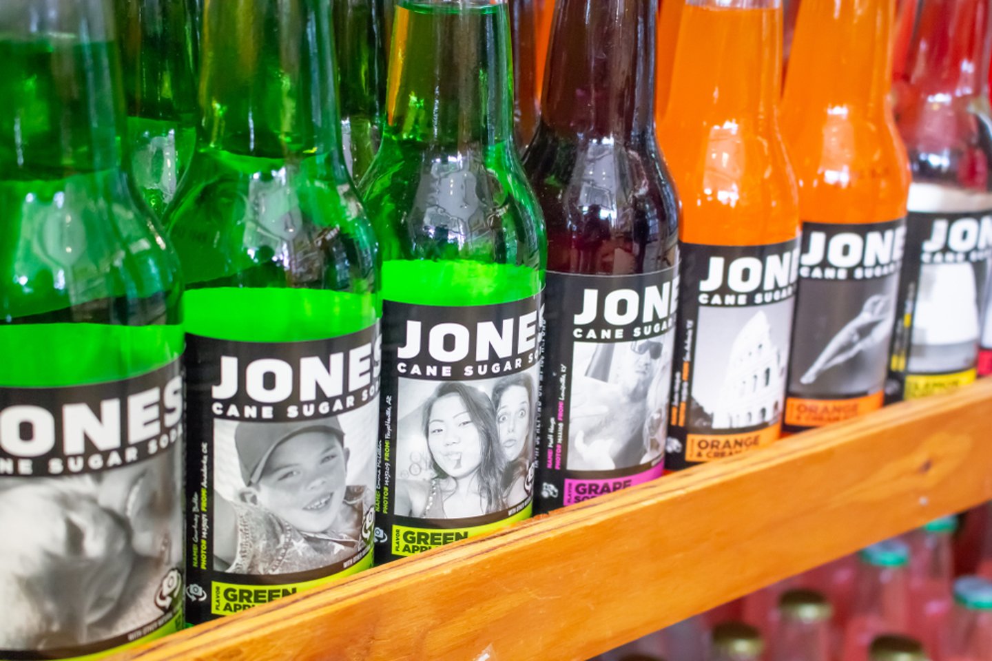 row of Jones Soda on a store shelf