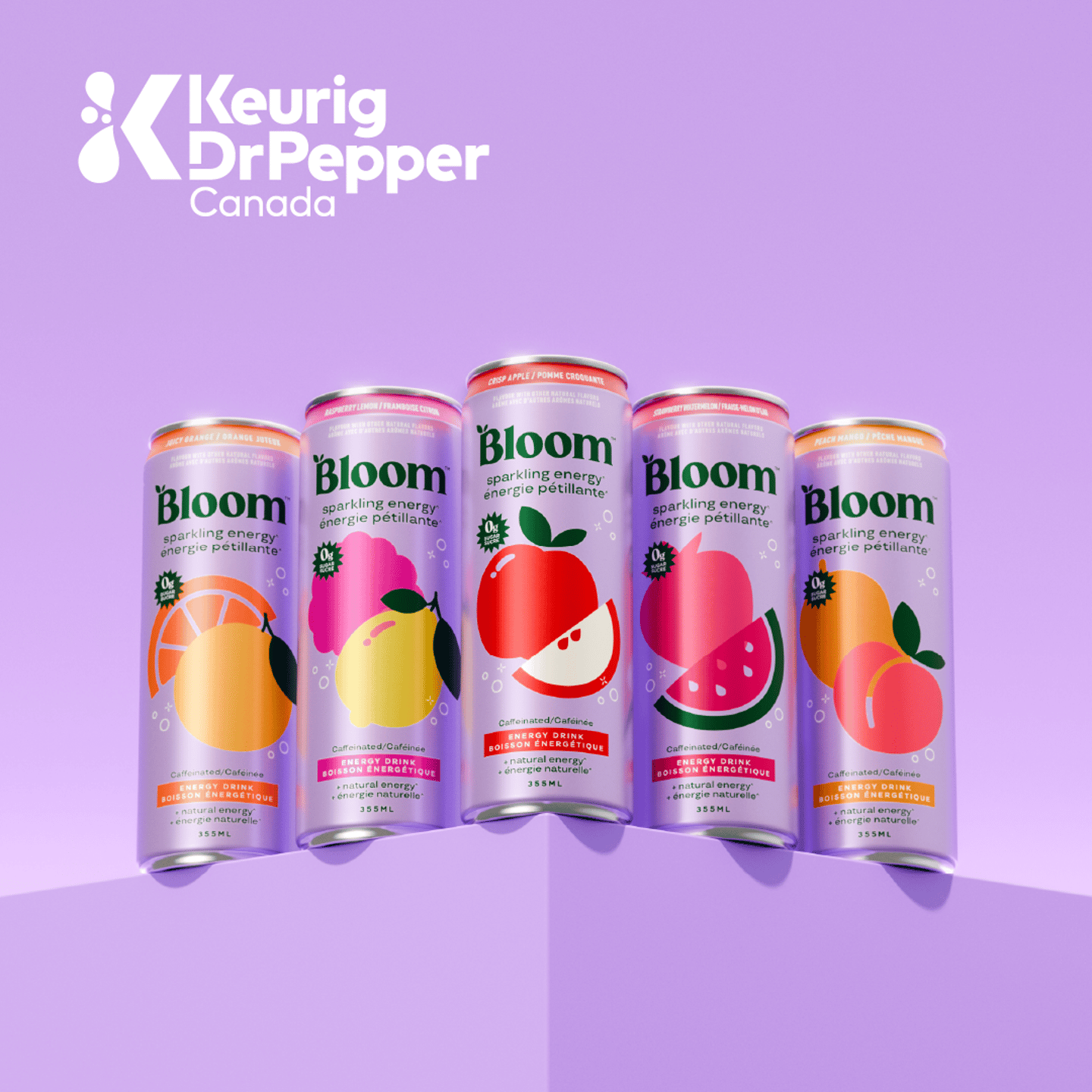 A row of Bloom Sparkling Energy drinks with the Keurig Dr Pepper logo in the top right corner.