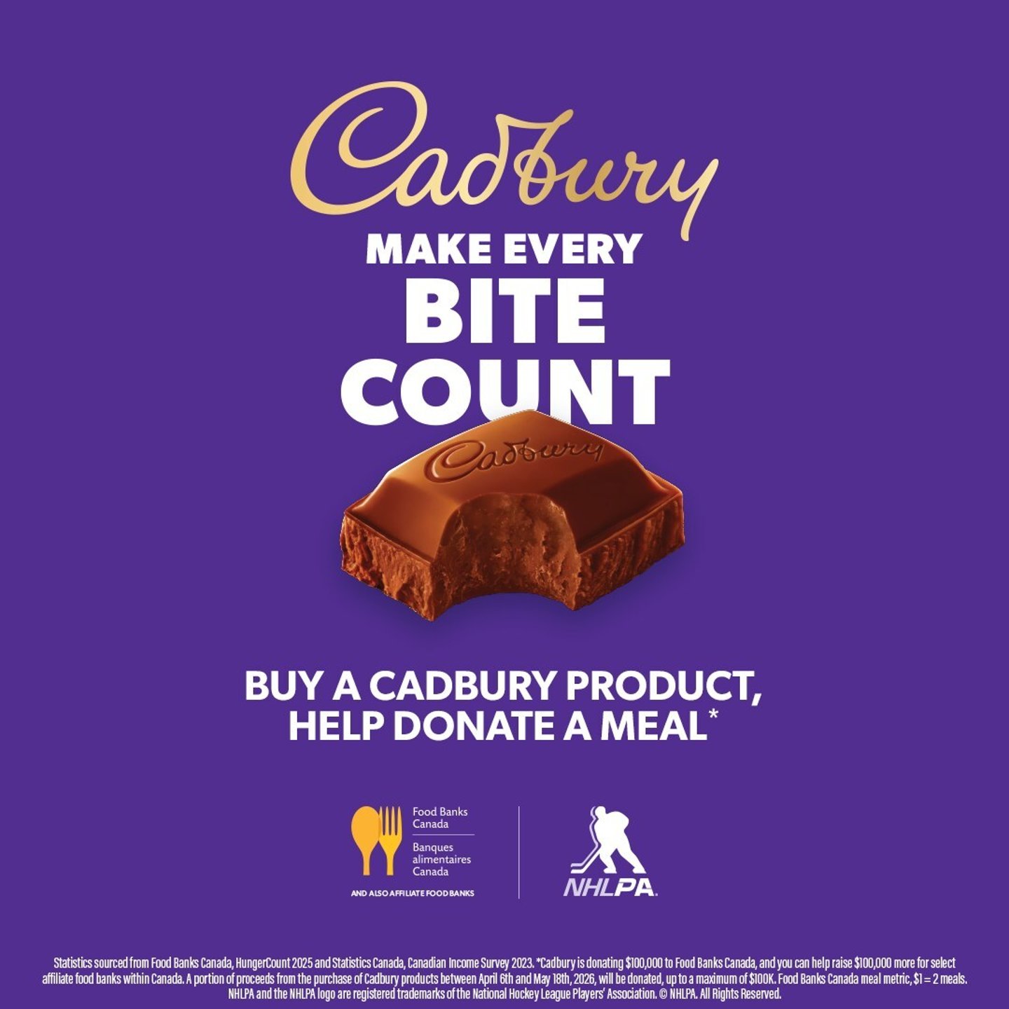 Mondelez international logo for Cadbury, featuring a square of chocolate with a bite take out of it and the charity's logo: Make Every Bite Count.