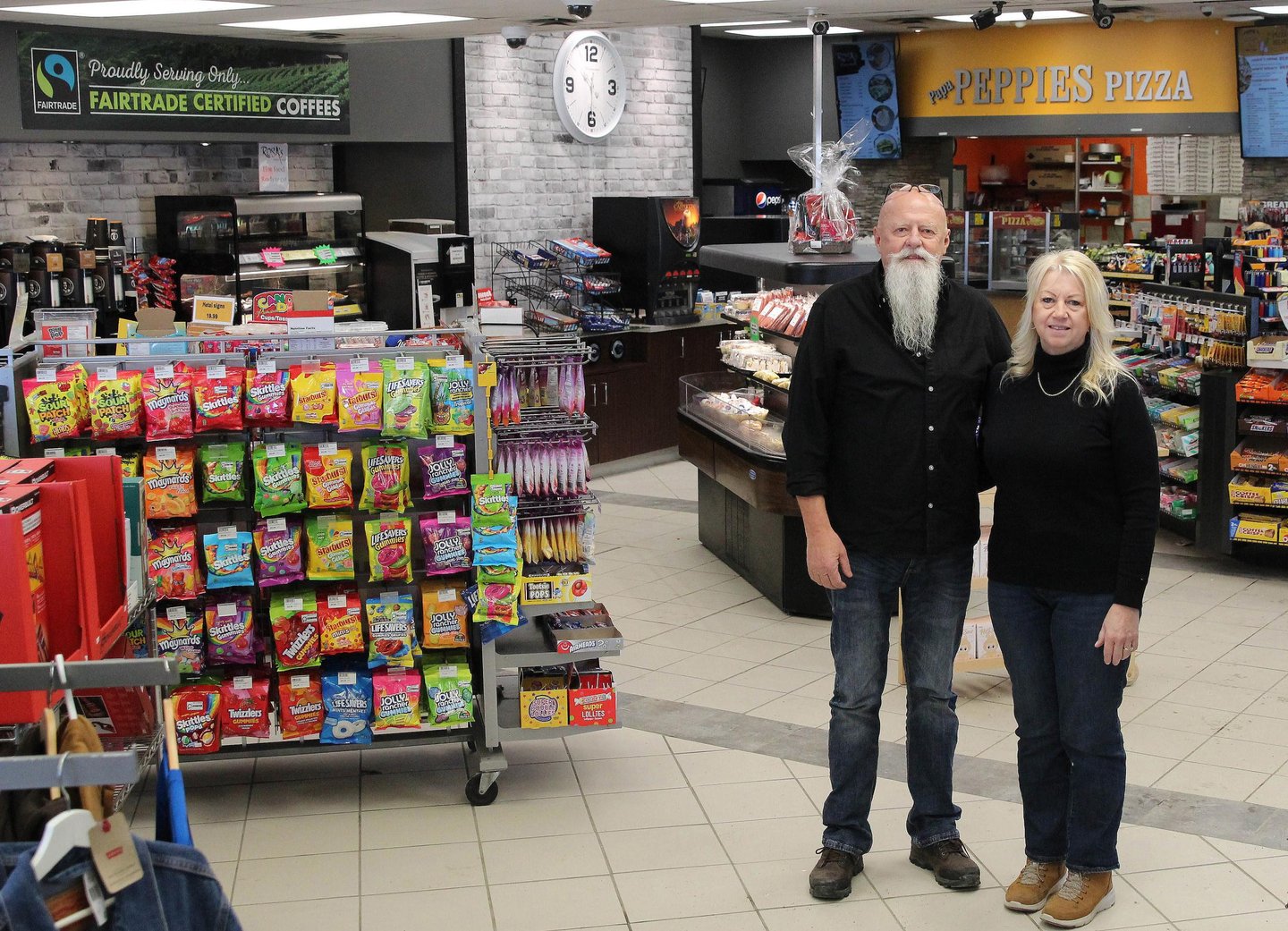 Pete and Rose Friesen inside their convenience store, Country Snacks