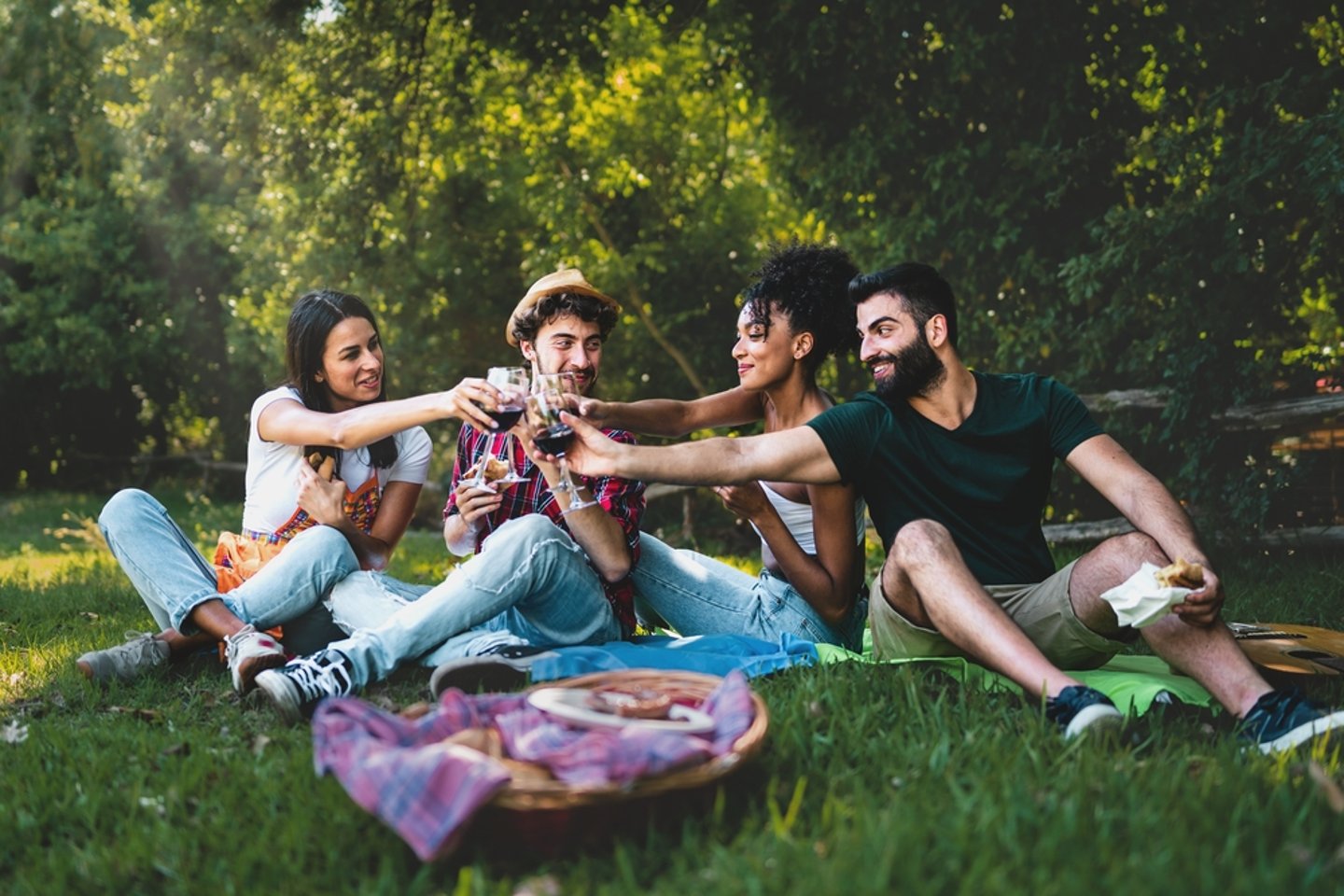 young adults drinking wine on a picnic blanket