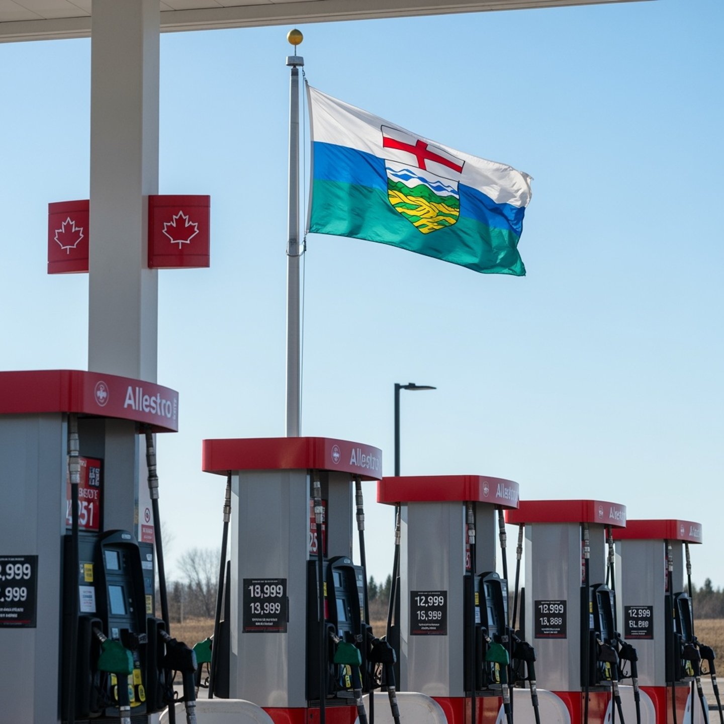 A row of gas pumps at a gas station with the Alberta provincial flag in the background