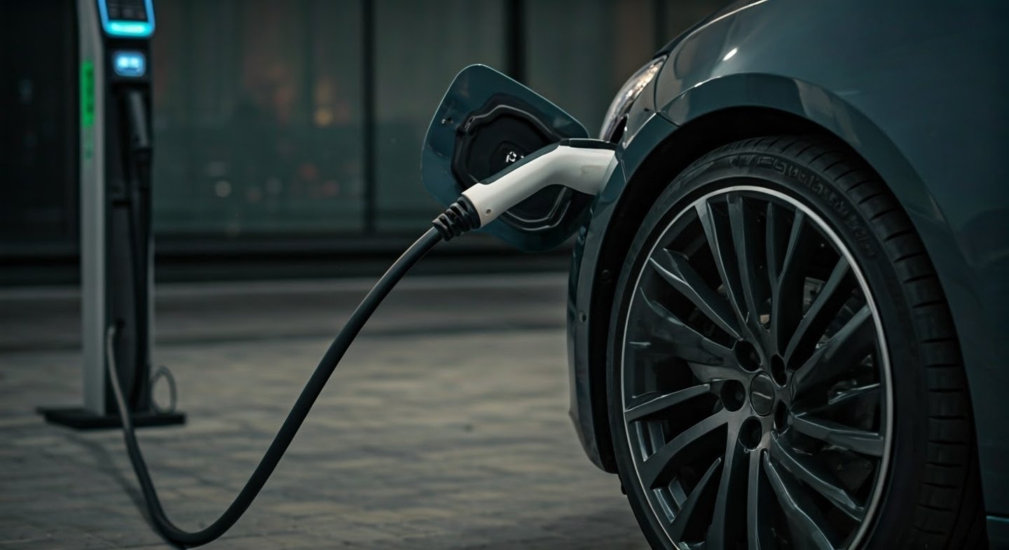 Close up of an EV charging, the charging station seen in the background.