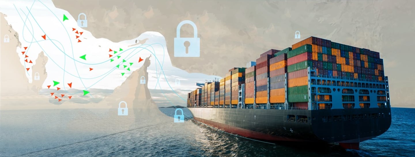map of the Strait of Hormuz overlaid with container ship 