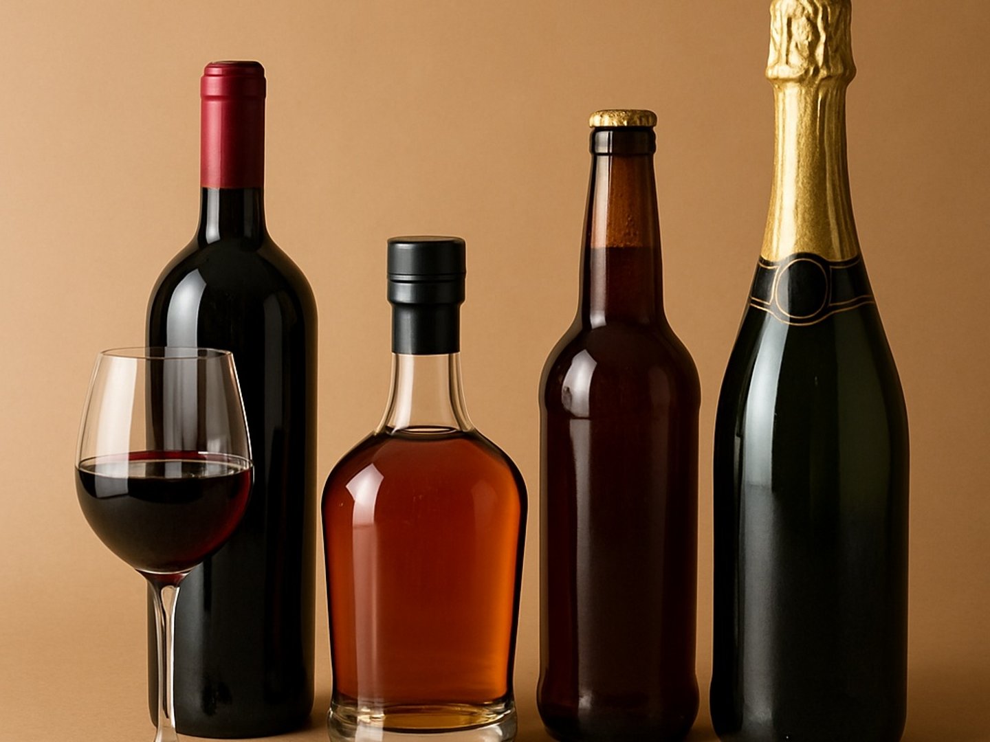 a row of alcoholic beverages without labels: red wine, liquor, beer and champagne.