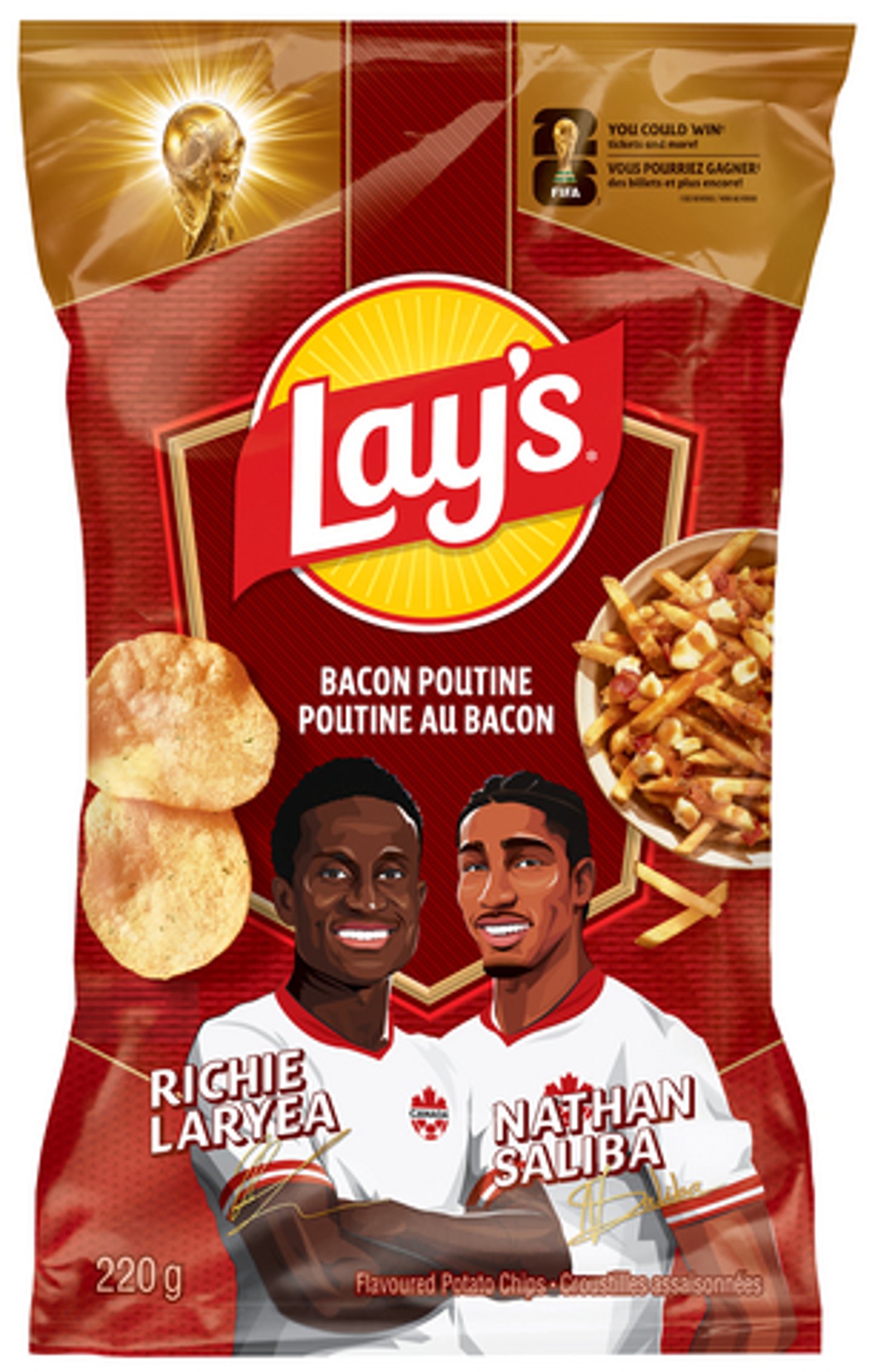 Lay's FIFA bacon poutine flavour with Richie Laryea and Nathan Saliba on the package