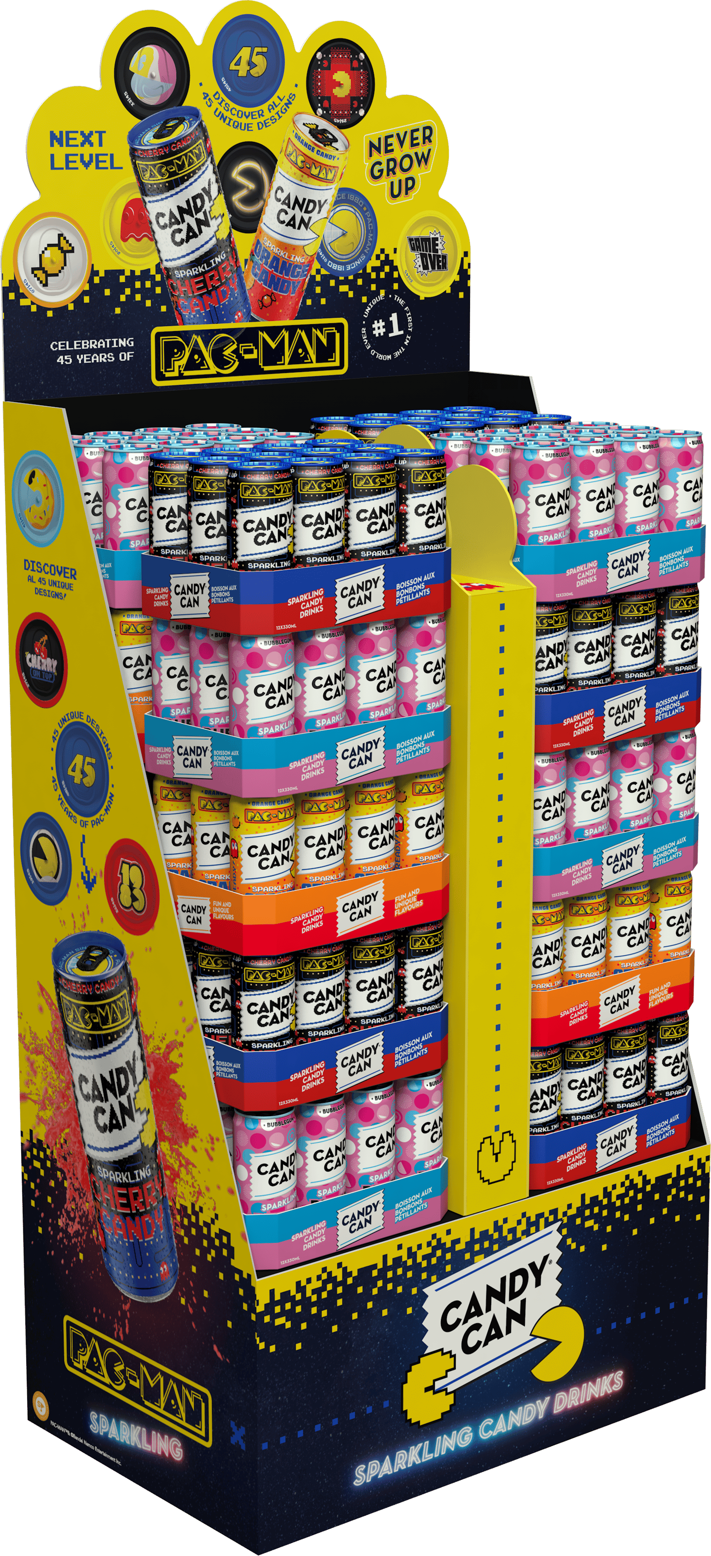 Candy Cans stacked in a Pac-Man arcade-shaped display