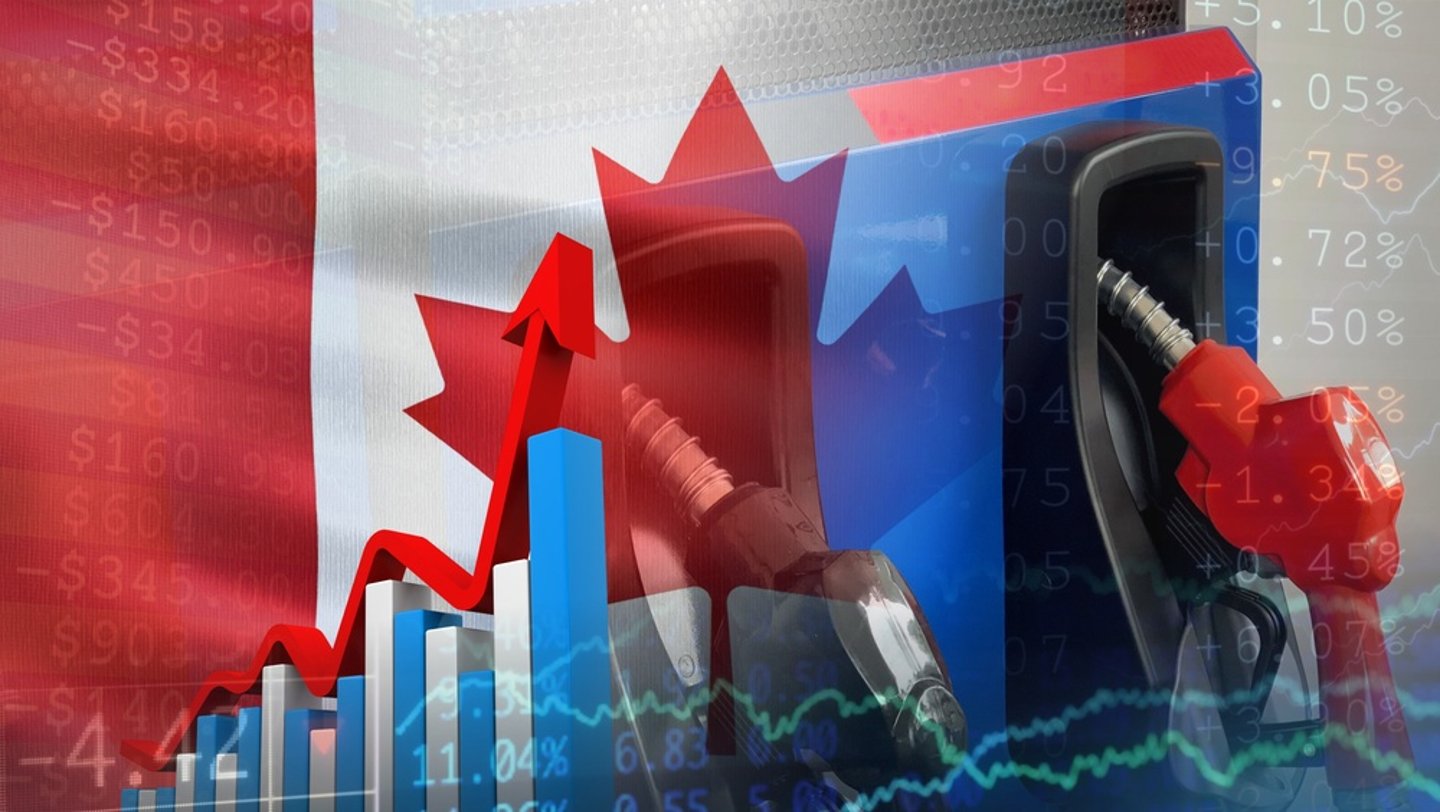Canadian flag in background of a rising cost chart and fuel pump